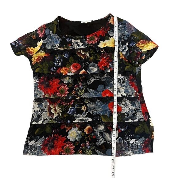 PLEIONE Black Lace Ruffle Floral Scoop Neck Short Sleeve Blouse Top S - Picture 6 of 7